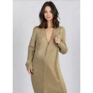 Trendy Thread Women's Maxi Cardigan Size 2X Tan Ribbed Knit Distressed Relaxed